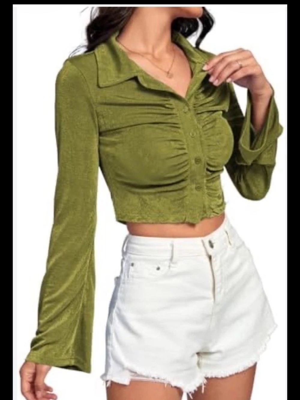 Crop Top Small Green Ruched Buttons Down Long Sleeve Forest Fairy Beach Vacation